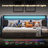 ANCTOR Twin Daybed with Storage Drawers, Corner Bed Frame with LED Lights and Charging Station for Living Room, Bedroom and Guest Room, Charcoal Grey ANCTOR