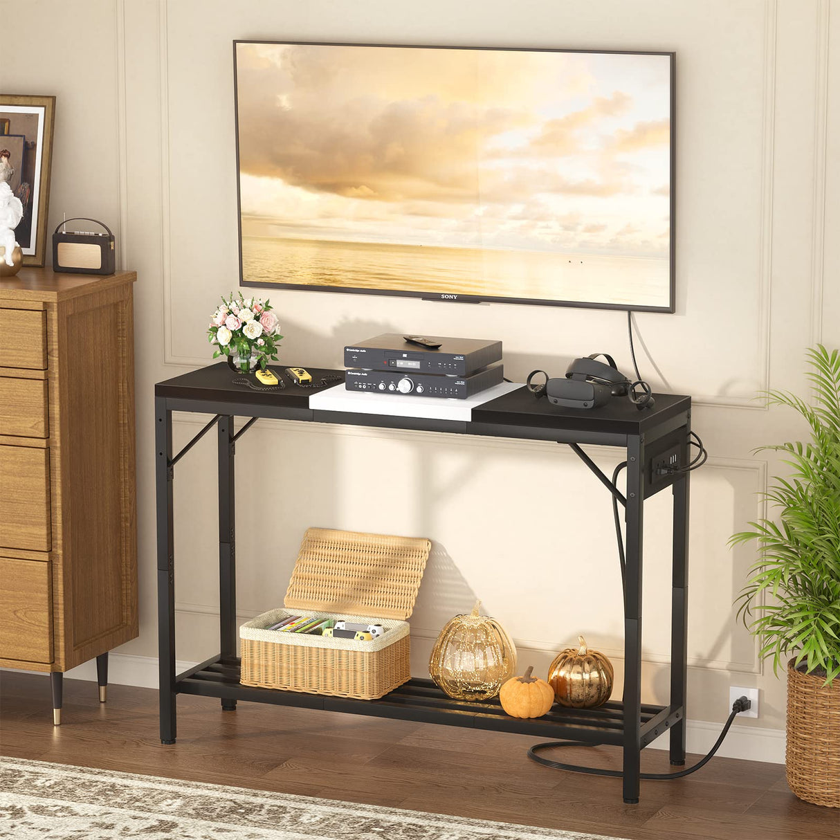 Narrow Console Table with Power Strips, Sofa Table with Storage Shelves for Living Room, 2-Tier Foyer Table for Entryway, Hallway, Behind Couch, Kitchen Counter, 39'', Black & White armocity