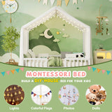 Merax House Shape Full Size Montessori House Bed Wood Floor Bed with Canopy Full Bedframe for Kids No Box Spring Needed White Merax
