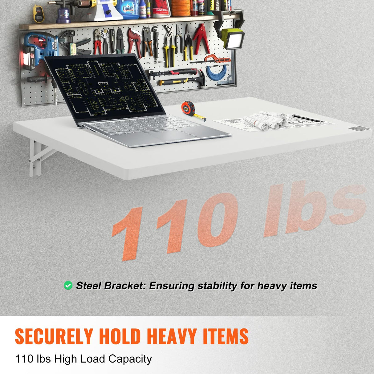 VEVOR Wall Mounted Folding Table, 35.43" x 19.69" Wall Mount Drop Leaf Table, Floating Desk with Iron Bracket, Fold Down Desk for Small Spaces, Home Office, Dining, Laundry Room, Kitchen, Bar, White VEVOR