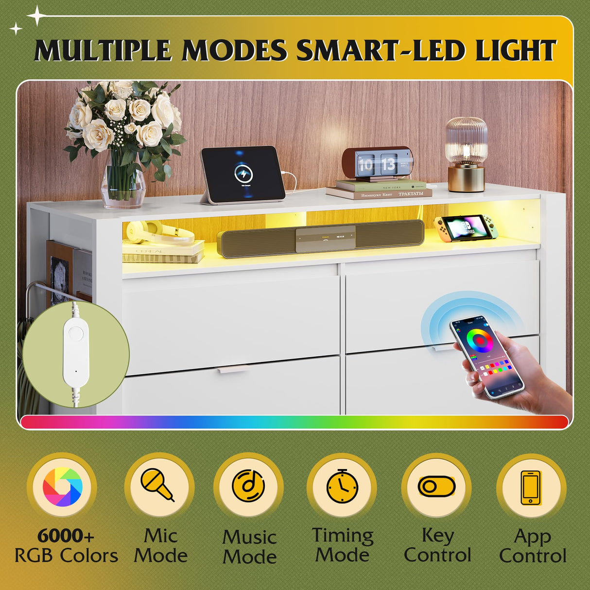 WLIVE 6 Drawer Led Dresser for Bedroom, 50.79'' White Wood Dresser Storage Organizer with Power Outlets for 55'' TV, Dressers with Open Shelves, Hanging Rack, Chest of Drawers for Closet, Living Room WLIVE
