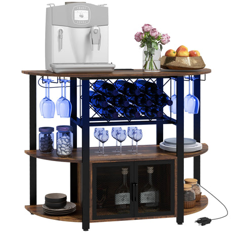HOMCOM Wine Bar Cabinet with Charging Station and LED Lights, Industrial Liquor Cabinet Bar Stand for Home with 10-Bottle Wine Rack, Glass Holders, Mesh Doors, and Open Shelves, Rustic Brown HOMCOM