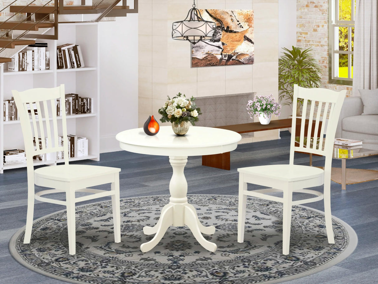 East West Furniture AMGR3-LWH-W 3 Piece Dinette Set for Small Spaces Contains a Round Kitchen Table with Pedestal and 2 Dining Room Chairs, 36x36 Inch, Linen White East West Furniture