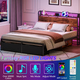 Furnulem Queen Size Bed Frame with Headboard, Platform Bed Frame Queen Size with 2 Storage Drawers and Charging Station & LED Lights, No Box Spring Needed, Noise Free Furnulem