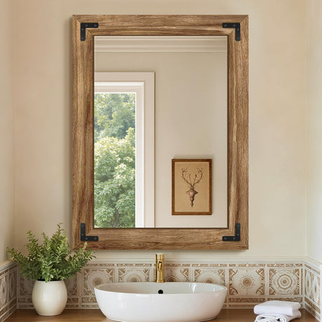 Wooden Bathroom Mirror for Wall, 32"x24" Solid Wood Frame Vanity Mirror, for Farmhouse, Bedroom, Living Room, Entryway Decor, Hangs Vertically or Horizontally FICTOR