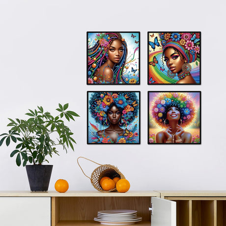 4pcs DIY Diamond Art Painting Kit- African American beauties, 5D Diamond Art Crafts, Suitable for Beginners, Suitable for Home, Art Wall, and Festival Party Decoration, Creative Home Decoration Gifts MVVMTOP