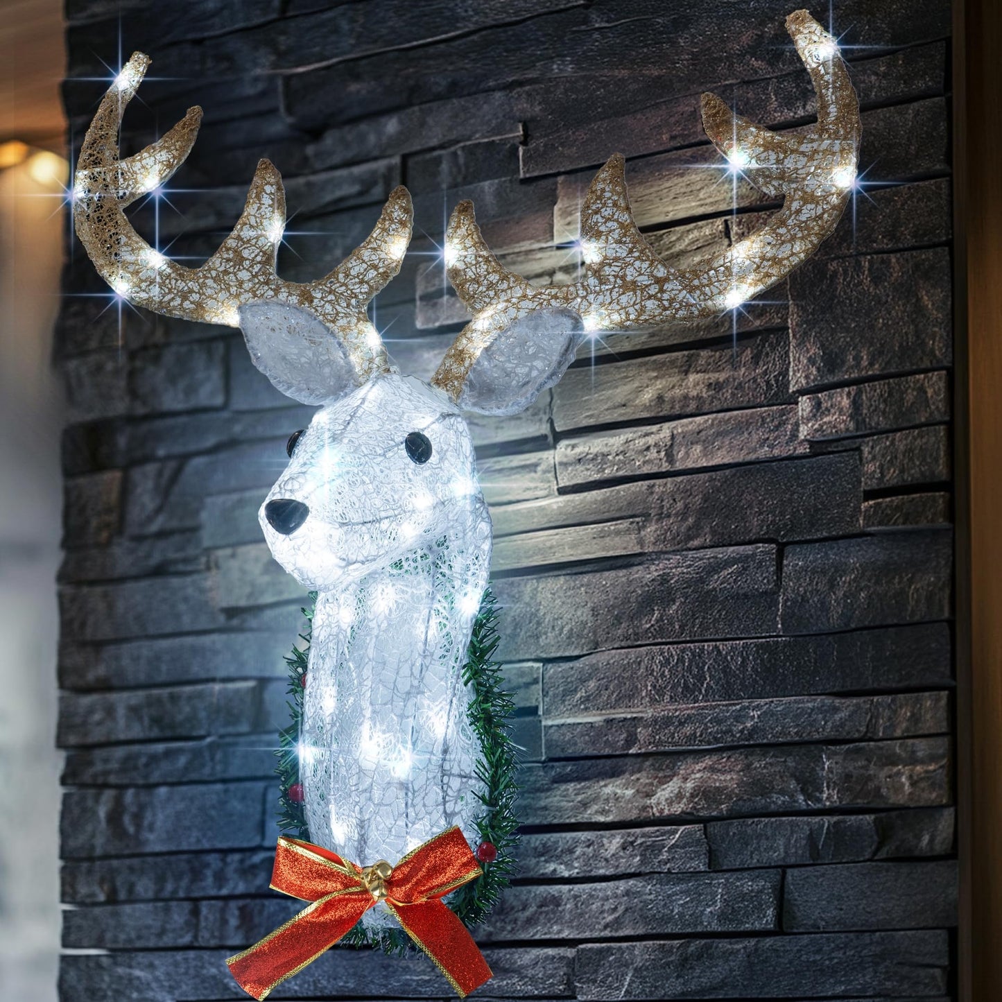 Hourleey Lighted Christmas Wall Decoration Reindeer Head, 32" 3D Battery Operated Rudolph Hanging Wreath with 8 Modes, Light Up Christmas Decor for Outdoor Indoor Front Door Window Xmas