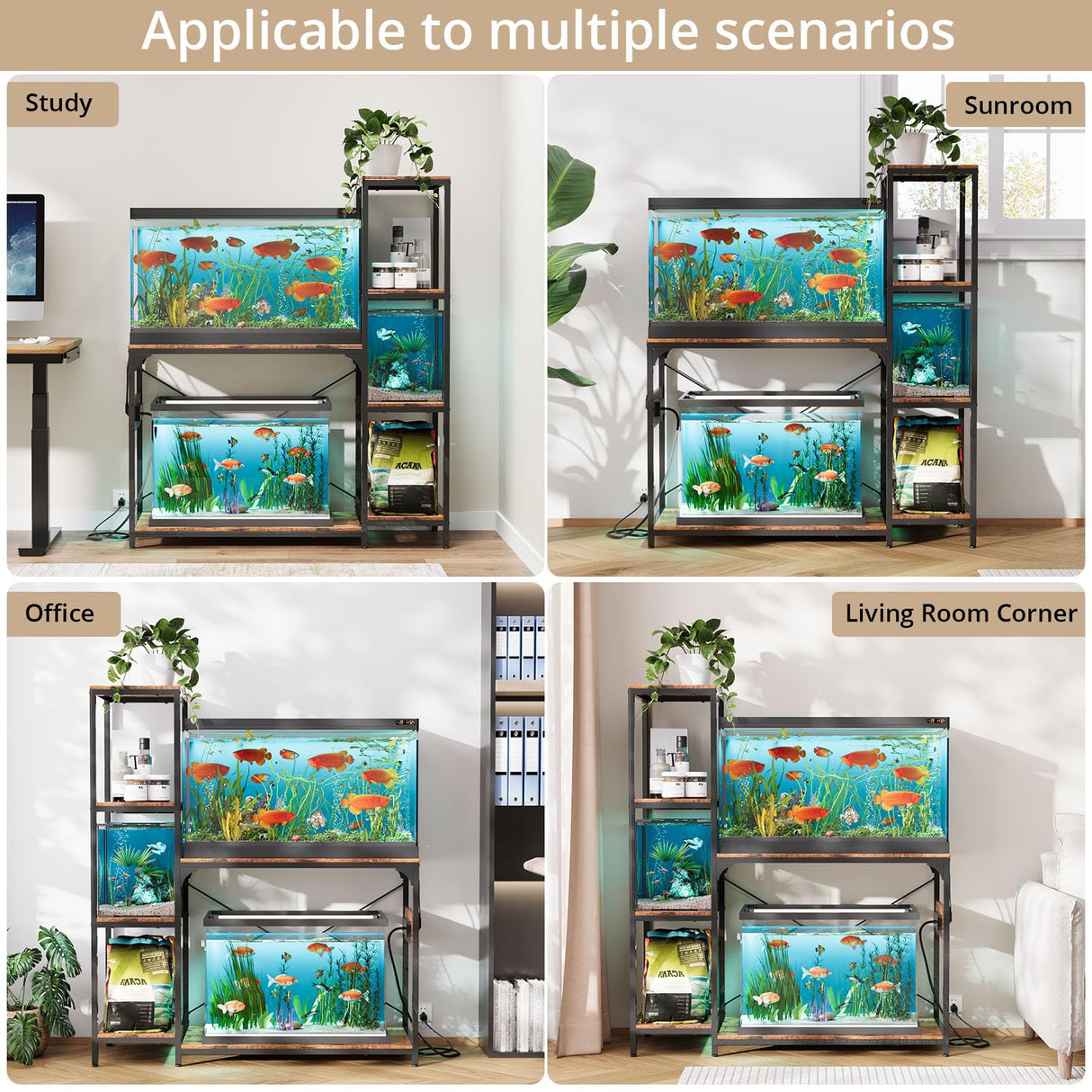 VOWNER 20-29 Gallon Fish Tank Stand with Power Outlet, Wood Aquarium Stand with Shelves for Fish Tank Accessories Storage, Heavy Duty Metal Frame, Turtle Reptile Terrarium Stand, Load 500lb, Brown VOWNER