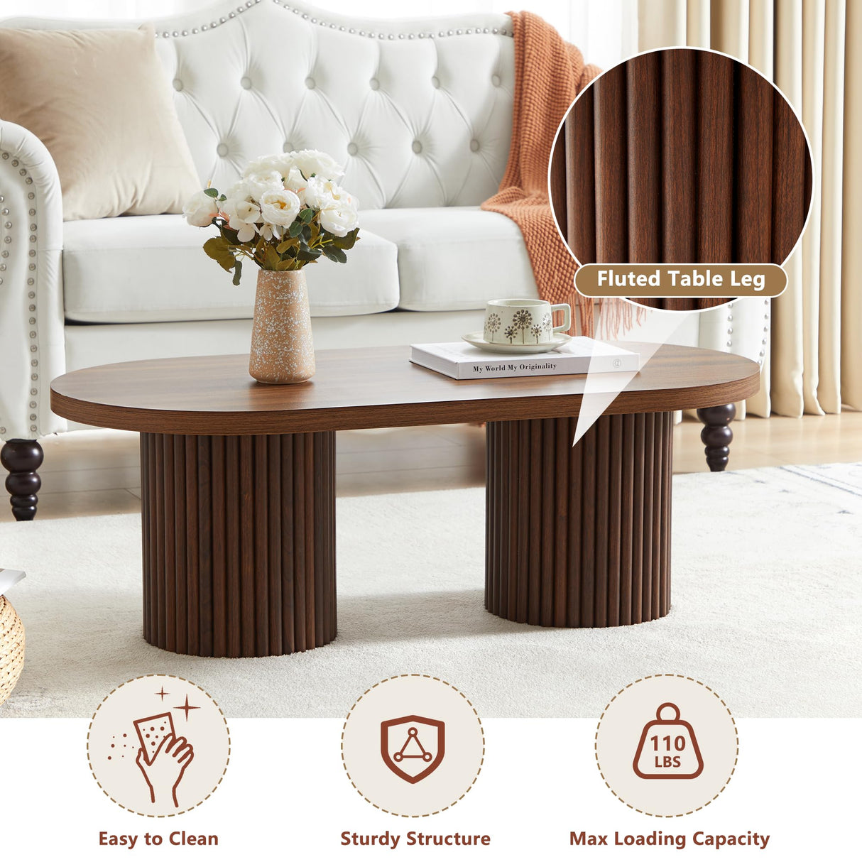 RUSTYER Oval Fluted Coffee Table, Farmhouse Wood Coffee Table Mid Century Modern Center Table Boho Living Room Tables for Living Room Office (Walnut, 19.69" D x 39.38" W x 13.78" H) RUSTYER