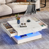 jiteentarou 33.9" LED Coffee Table with Storage, Modern High Glossy Living Room Table w/2 Drawers,Double-Layer Design Large Square Center Table for Living Room, Home, Office, White Marble jiteentarou