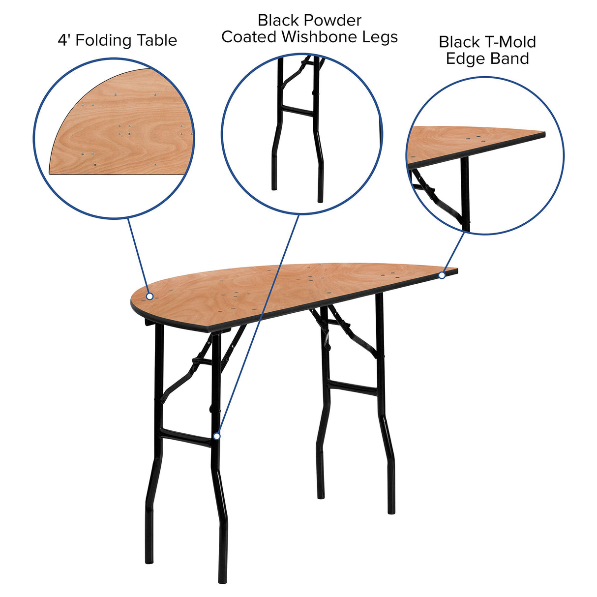 Flash Furniture Furman 4' Half-Round All-Occasion Wood Folding Event Table, Foldable Portable Half-Round Banquet Table with Wooden Top, Natural/Black Flash Furniture