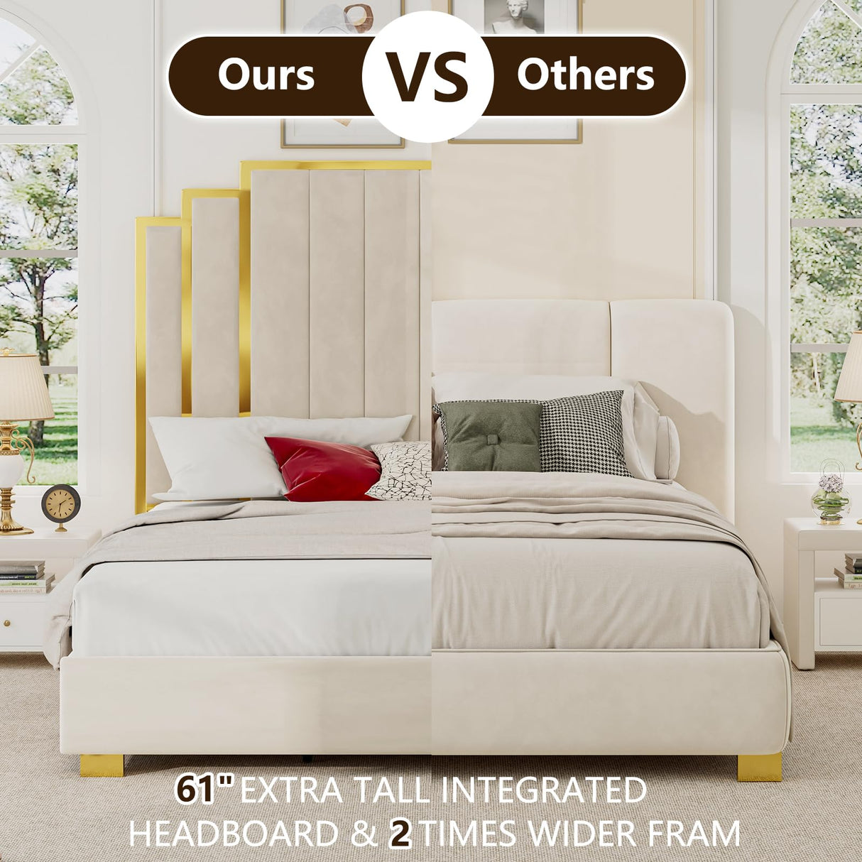 YUMPIE Queen Size Platform Bed Frame with 61" Extra Tall Headboard, Velvet Upholstered Bed with Golden Plating Trim, Wooden Slats/No Box Spring Needed/Noisy Free/Cream YUMPIE