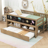 JIJIWANG Twin Size Low Loft Bed with Storage Shelves and Blackboard Wooden Loft Bed with Trundle, Wood Slats Support, No Box Spring Required, Walnut JIJIWANG