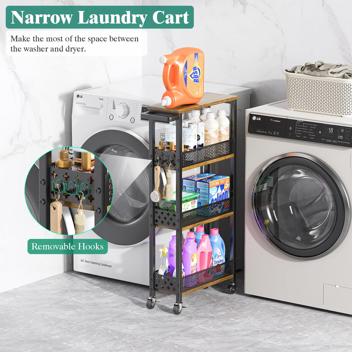 Giwil 4-Tier Slim Rolling Storage Cart for Kitchen Bathroom Organizer, Mobile Narrow Storage Cabinet Utility Cart with Wood Rack on Wheels for Pantry Laundry Small Space Giwil