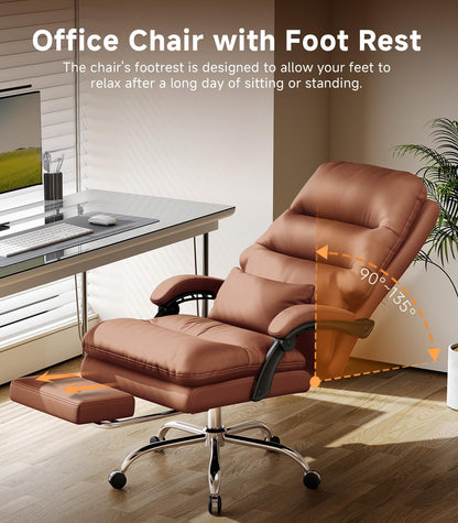 Ylzyxal Office Chair, Big and Tall Office Desk Chair, Ergonomic Office Chair, 400LBS PU Leather Computer Chairs, Executive Office Chair with Foot Rest and Lumbar Pillow (Bright Brown)