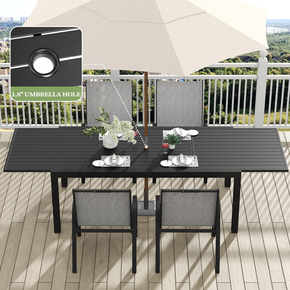 PIZZELLO 9 Pieces Outdoor Dining Set, 106" Aluminum Extendable Patio Dining Table w/ 8Pcs Stackable Textilene Chairs, All Weather Outdoor Table and Chairs Sets for Backyard, Garden, Deck and Poolside PIZZELLO