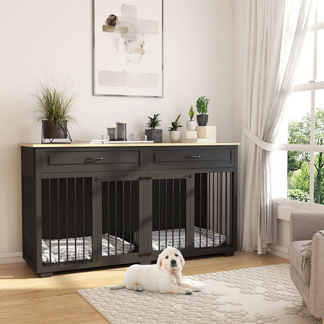DAWNSPACES Large Dog Crate Furniture, 72" Wooden Large Dog Kennel with Drawers & Divider, Heavy Duty Indoor Dog Cage with Double Rooms for Large Medium Small Dogs, Black DAWNSPACES