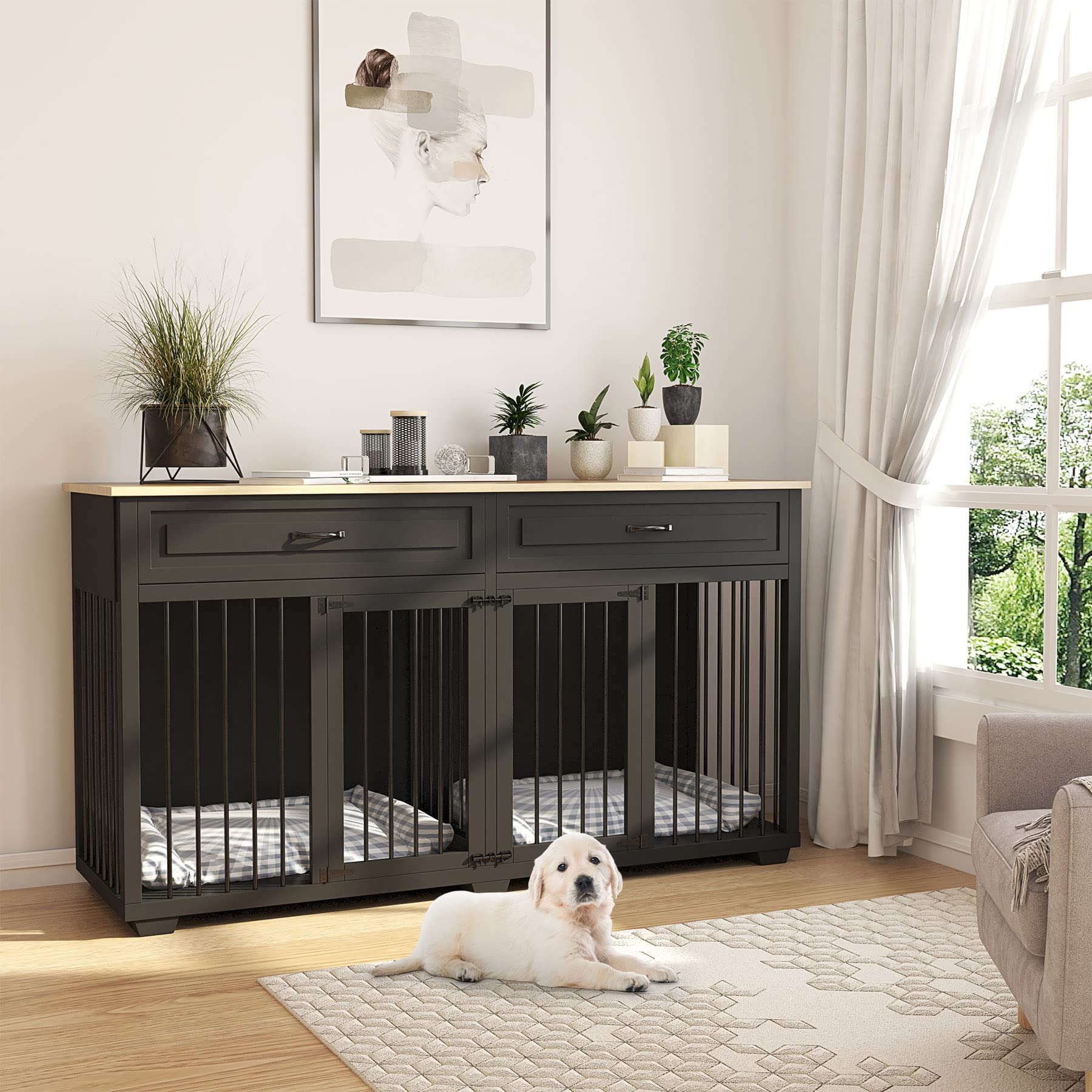 DAWNSPACES Dog Crate Furniture, 72 Inch Heavy Duty Wooden Large Dog Kennel with Drawers & Divider, Indoor Furniture Style Dog Crate with Double Rooms for Large Medium Small Dogs, Black - WoodArtSupply