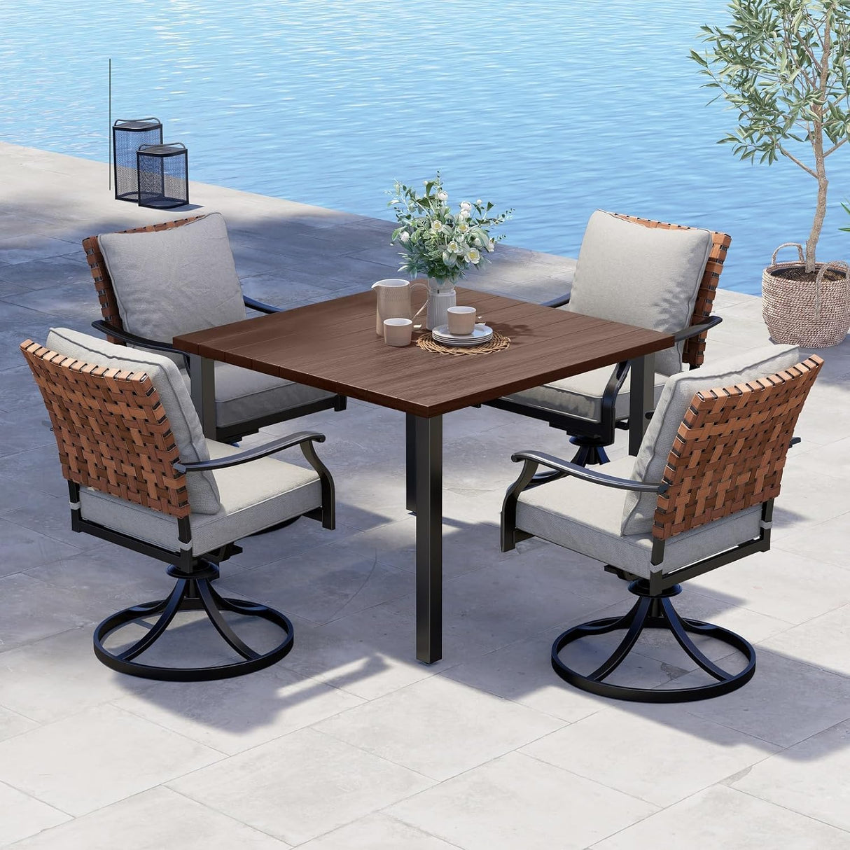 Grand patio 5-Piece Outdoor Dining Set, 4 Leather-look Wicker Swivel Patio Chairs & 1 Square Woodgrain Dining Table, Brown Grand patio