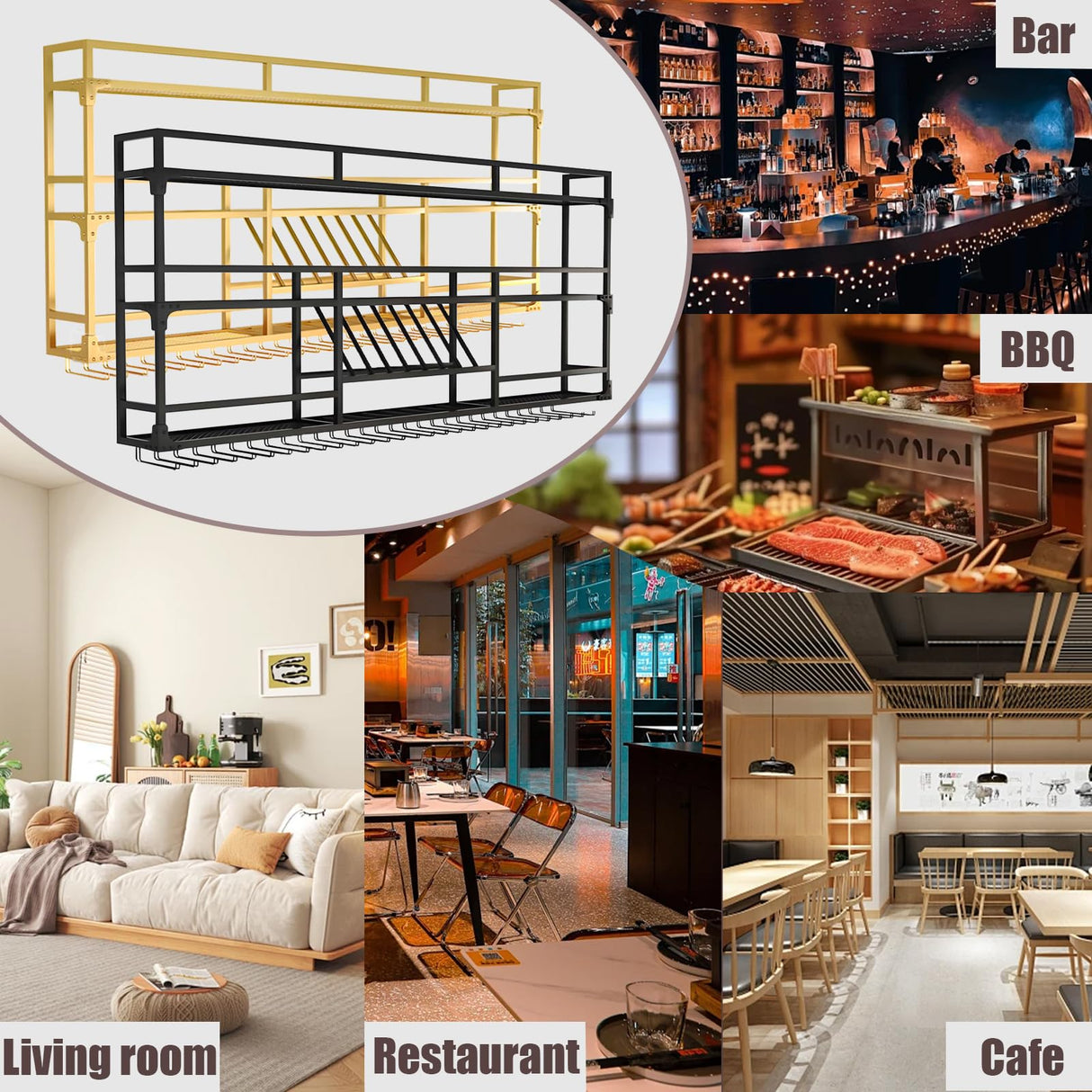 47.2in Wall Mounted Wine Rack, Wine Rack Wall Mounted With Wine Glass Rack, Metal Bar Bottle Display Shelf Wine Cups Hanging Holder, For Home Bar Cafe Dining Room Decoration (BLACK, 47.2*10*35.5inch) amhricho