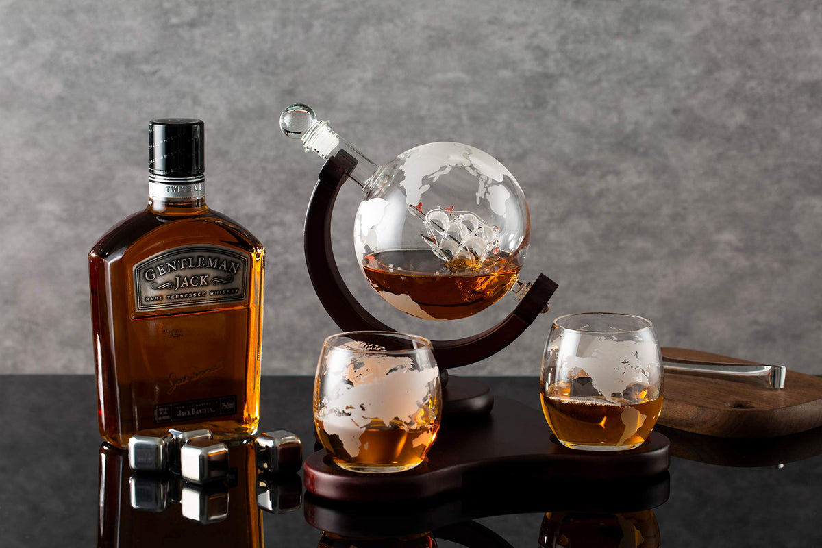 Verolux Whiskey Globe Decanter Set with 2 Glasses in Gift Box - Whiskey decanter for Liquor, Whiskey, Brandy, Gin, Rum, Tequila, Vodka, and Brandy - Home Bar Accessories for Men and Women Verolux