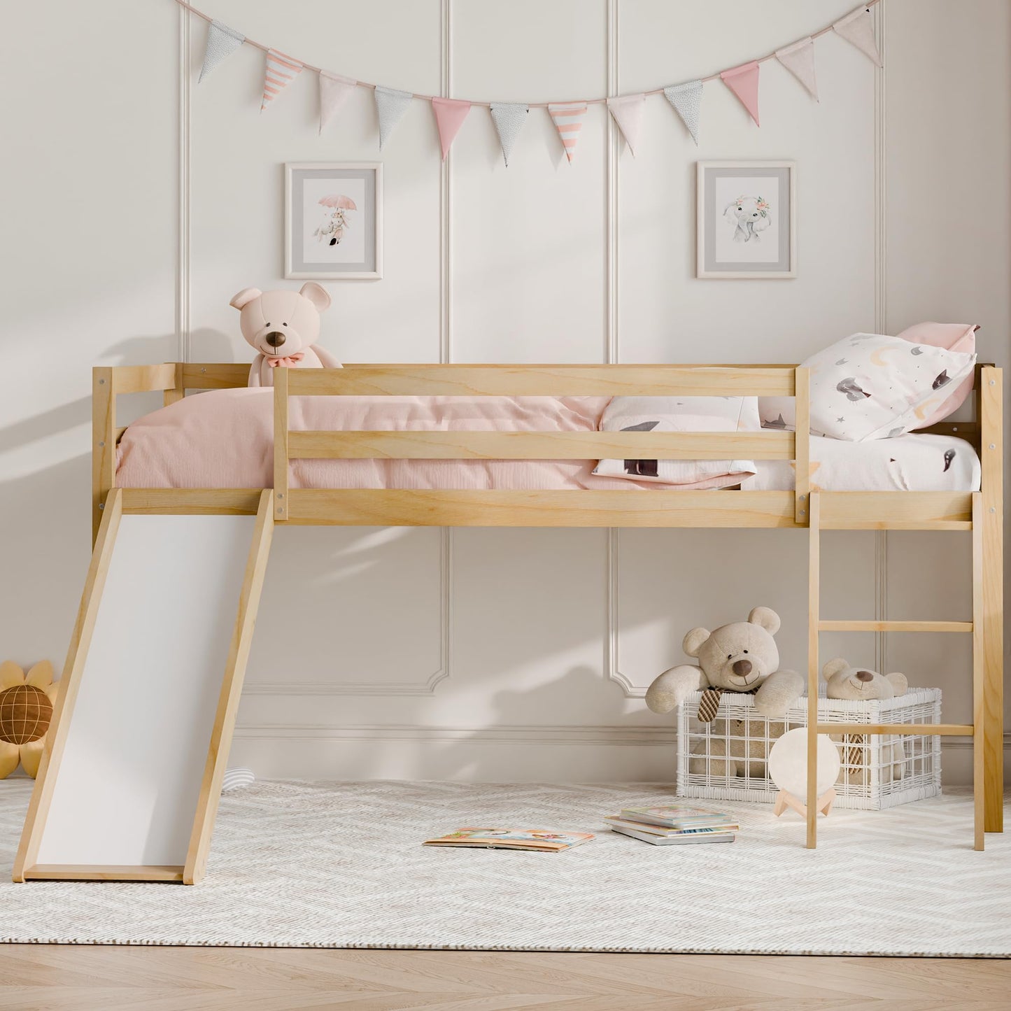 MU Twin Loft Bed with Slide, Climbing Ladder, and Safety Guard Rail in Natural Wood - WoodArtSupply