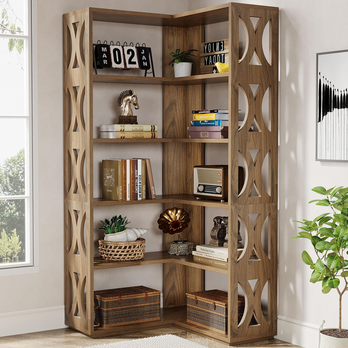 Tribesigns Rustic 5-Tier L Shaped Corner Bookshelf - 66-Inch Tall Storage Organizer for Living Room or Bedroom Tribesigns