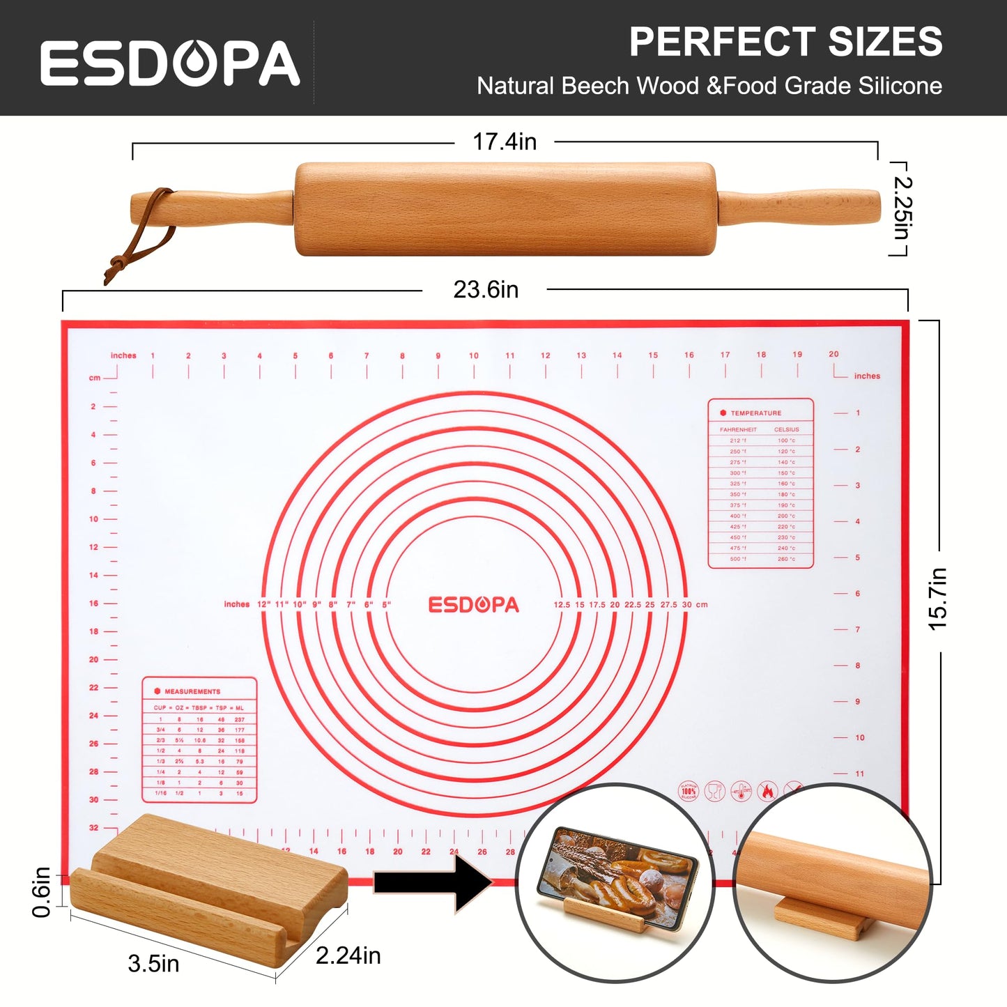 ESDOPA Classic Wood Rolling Pin - Wooden Rolling Pins for Baking Silicone Mat Set, Dough Roller with Wood Base, Fondant Roller for Pie Crust Cookies Pizza Dough and Bread, 17 Inch