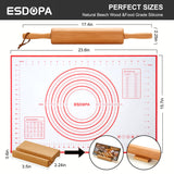 ESDOPA Classic Wood Rolling Pin - Wooden Rolling Pins for Baking Silicone Mat Set, Dough Roller with Wood Base, Fondant Roller for Pie Crust Cookies Pizza Dough and Bread, 17 Inch ESDOPA
