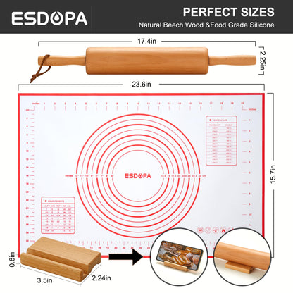 ESDOPA Classic Wood Rolling Pin - Wooden Rolling Pins for Baking Silicone Mat Set, Dough Roller with Wood Base, Fondant Roller for Pie Crust Cookies Pizza Dough and Bread, 17 Inch