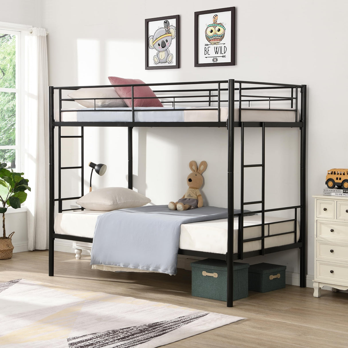 Yehha Metal Bunk Beds for Kids & Youths, Twin Over Twin Bunk Bedframe with 2 Ladders and Full-Length Guardrail, No Box Spring Needed, Noise Free, Convertible 2 Beds, Young Black Yehha