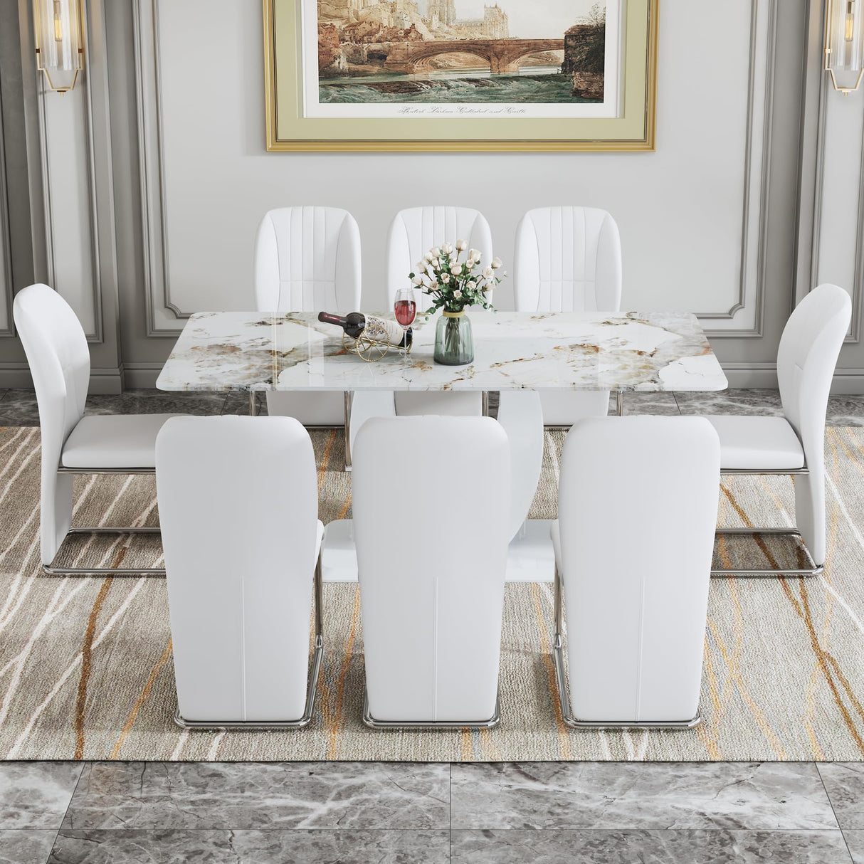 hohoedc 71 Inch White Dining Table Set for 8 with 0.4 Inch Thick Faux Marble Pattern Tempered Glass Tabletop & 8 PU Leather Chairs, 9-Piece Rectangle Kitchen and Dining Room Table Sets hohoedc