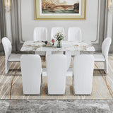 hohoedc 71 Inch White Dining Table Set for 8 with 0.4 Inch Thick Faux Marble Pattern Tempered Glass Tabletop & 8 PU Leather Chairs, 9-Piece Rectangle Kitchen and Dining Room Table Sets hohoedc