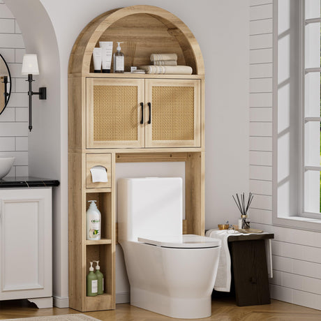 Spurgehom Over The Toilet Storage Cabinet, Bathroom Shelf Organizer Freestanding, Bathroom Arch Cabinet Over Toilet with Toilet Paper Holder and Anti-Tipping Device (Wood & Wicker Door) Spurgehom