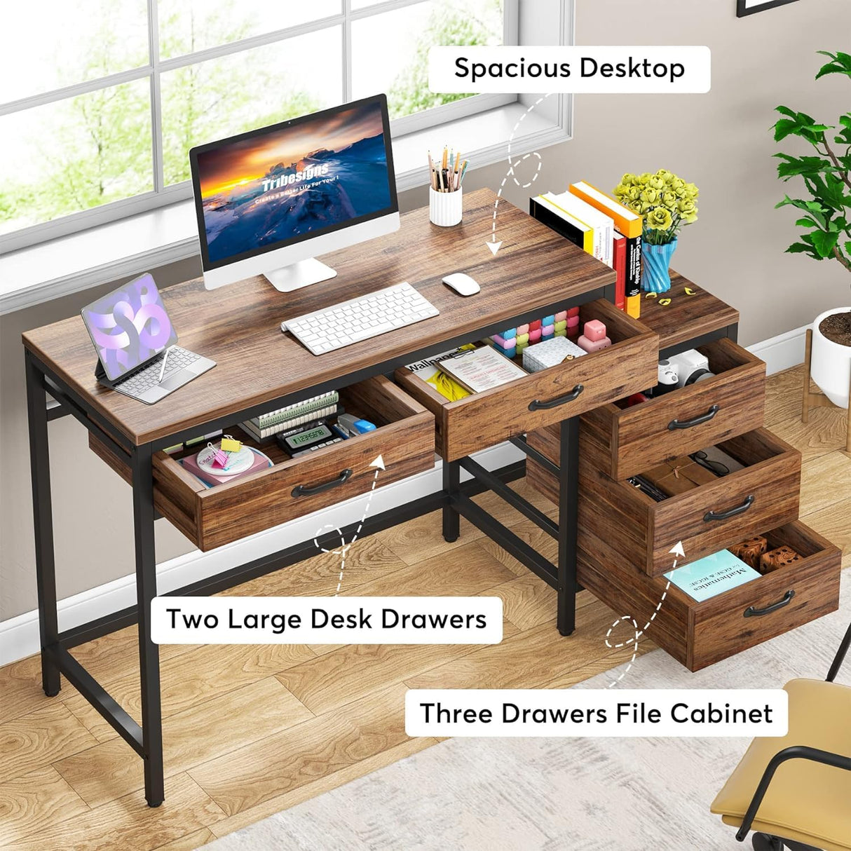 Tribesigns Computer Desk with 5 Drawers, Home Office Desks with Reversible Drawer Cabinet Printer Stand, Industrial PC Desk with Storage, Rustic Study Writing Table Workstation for Small Spaces Tribesigns