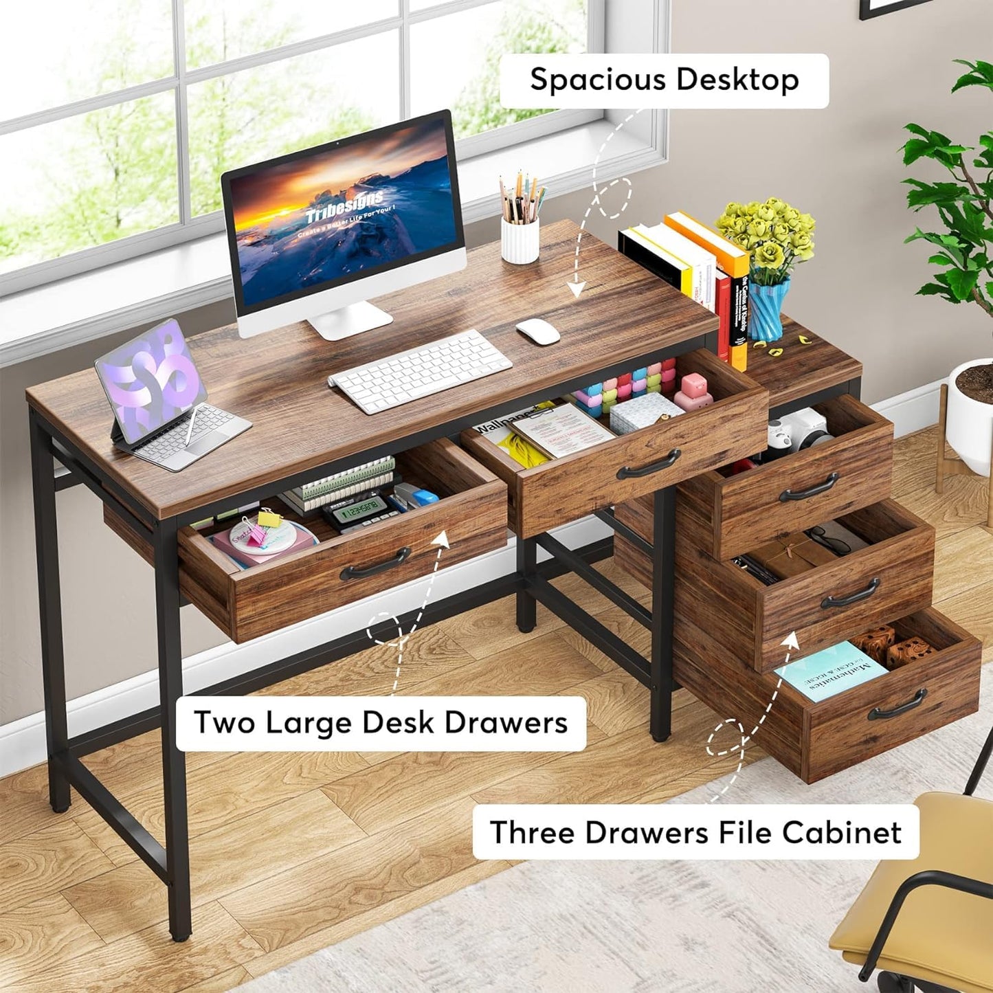 Tribesigns Computer Desk with 5 Drawers, Home Office Desks with Reversible Drawer Cabinet Printer Stand, Industrial PC Desk with Storage, Rustic Study Writing Table Workstation for Small Spac - WoodArtSupply