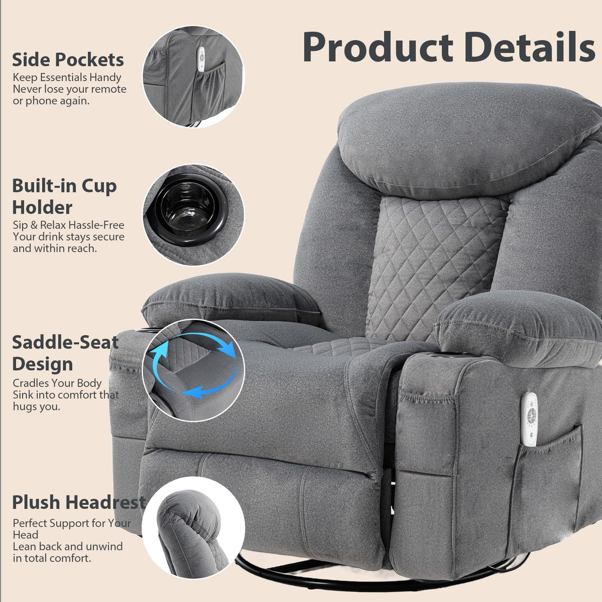 KCREAM Recliner Chair,Rocking Chair with Massage & Heat, 360° Swivel Rocking Chair for Adults, Manual Rocker Recliner with Cup Holders for Living Room, Bedroom, Nursery,Light Gray KCREAM