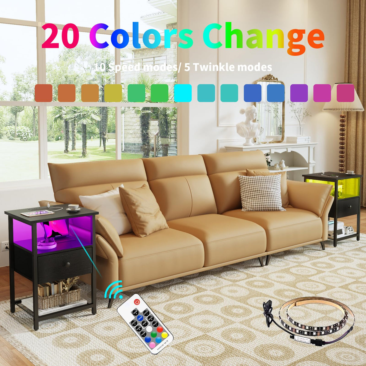 HDDDZSW LED Nightstands set of 2 with Charging Station, Bedside Tables with USB Ports and Outlets, End Table with Fabric-Wood 2-in-1 Drawer for Small Spaces, Black Side Table for Bedroom, Living Room HDDDZSW