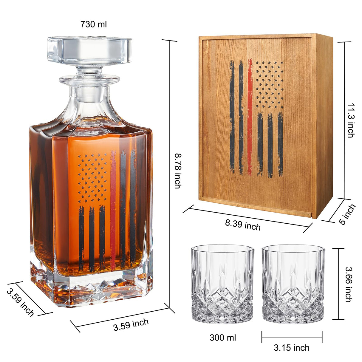 Firefighter Tactical Red Tattered American Flag USA Whiskey Gift Set | 730mL Decanter & 2 Whiskey Glass + Wood Gift Box | Fire Fighter, Gifts, Wine Decanter Airtight, Fire Department FD, Men, Dad, Him The Wine Savant