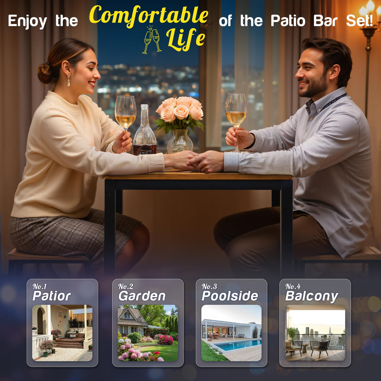 Greesum 3 Piece Patio Acacia Wood Bar Set with high Table and 2 Chairs All-Weather Outdoor Furniture for Backyard, Deck, Garden, Porch,Black Greesum