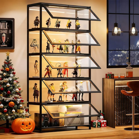 Orixal Display Cabinet with Acrylic Glass Doors, 5-Tier Transparent Bamboo Curio Display Case for Figures, Display Shelves for Collectibles & Toy Cabinet for Home, Office, Playroom, Living Room Orixal