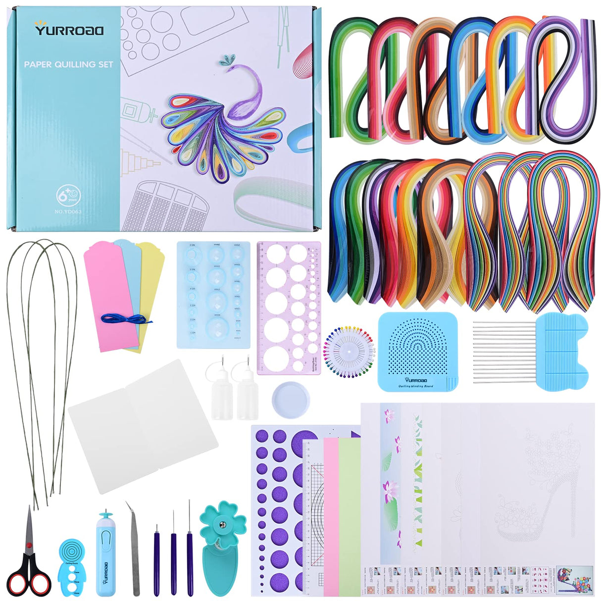 Quilling Kit with 1860 Paper Strips 39cm/54cm and Quilling Tools Like Quilling Pen Slotted Tool Paper Rolling Electric Pen Template Board Quilling DIY Tool Grid Guide Paper Design Drawings Scissors YURROAD