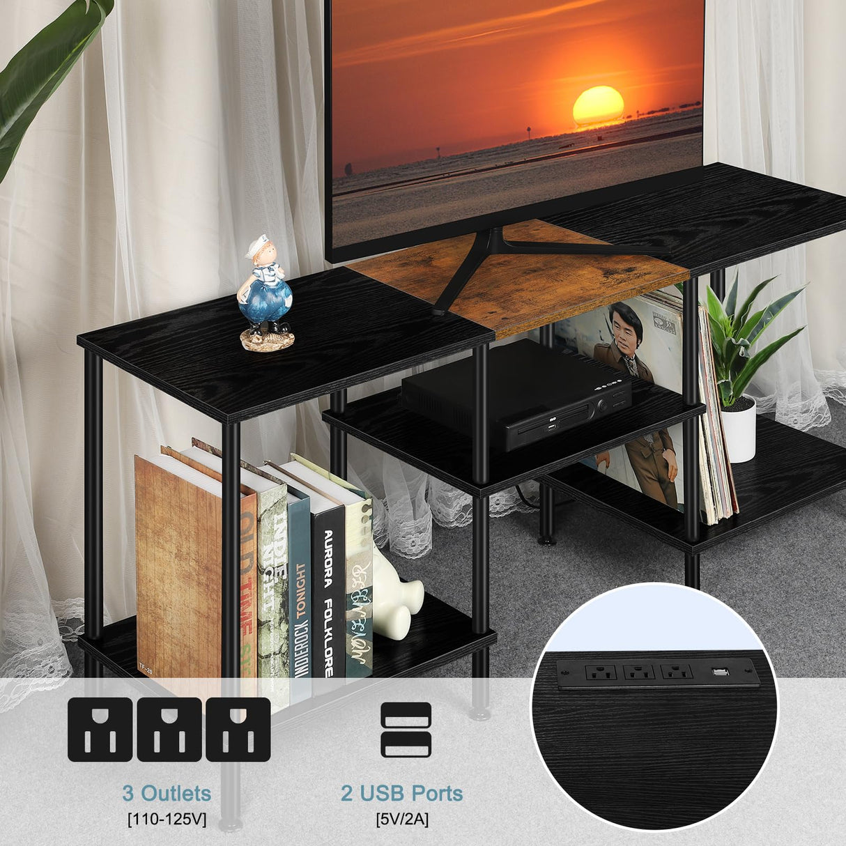 TV Stands for Living Room 50 inch TV Stand with Power Outlet Entertainment Center with Storage 3 Tier TV Console Table for 50 43 40 32 inch TV, Black Luplom