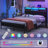 VECELO Farmhouse Metal Bed Frame Full Size with Wooden Headboard & Footboard, Solid Platform Mattress Foundation with Storage, LED Light, Charging Station, USB Ports, Noise-Free, Easy Assembly, Black VECELO