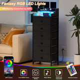 REAHOME Dresser for Bedroom with Charging Station and LED Lights, 6 Drawers Dresser Black Chest of Drawers with Shelves, Tall Night Stand with Sturdy Steel Frame & Wood Top for Bedroom - Black Grey REAHOME