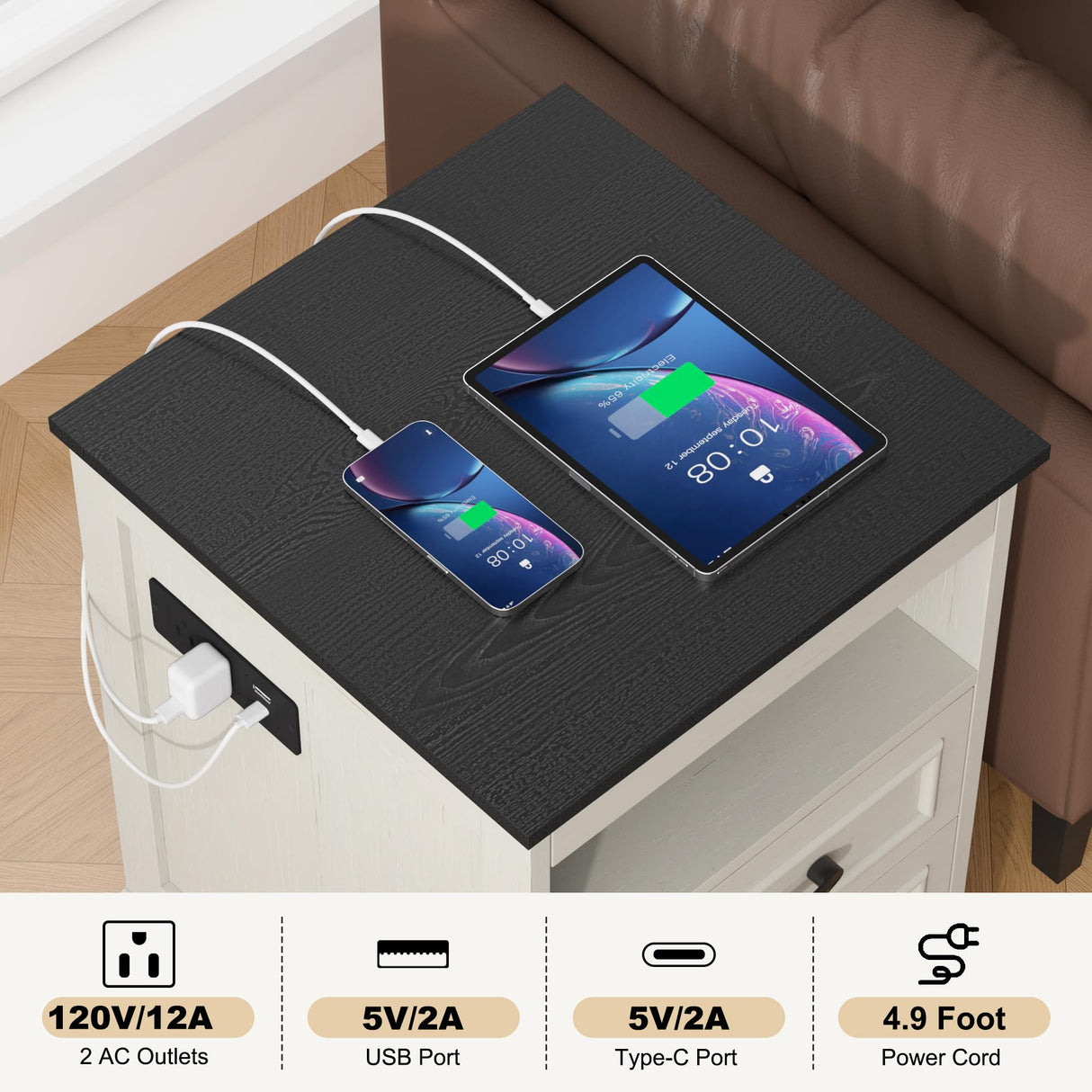 Gadroad 18" Farmhouse Accent Nightstand with Charging Station, End Table with 3 Drawers Storage, Side Table, Bedside Cabinet for LivingRoom Bedroom Office, Antique White Gadroad