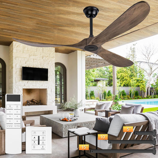 60 Inch Solid Wood Ceiling Fan No Light,Propeller Outdoor Ceiling Fans Without Lights with Wall Switch and Remote Control,Quiet DC Motor,3 Blades Ceiling Fan for Patios,Living Room,Bedroom