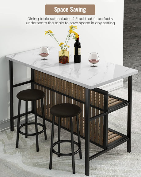 Lamerge Industrial 3-Piece Marble Bar Table Set with Storage Shelves and Stools in White Lamerge