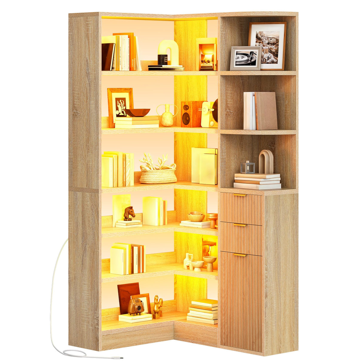YITAHOME Corner Bookshelf with Storage, Fluted 6-Tier Bookshelf with Drawers and Cabinets L-Shaped Bookcase LED Lights Corner Display Shelf for Home Office, Living Room, Bedroom YITAHOME
