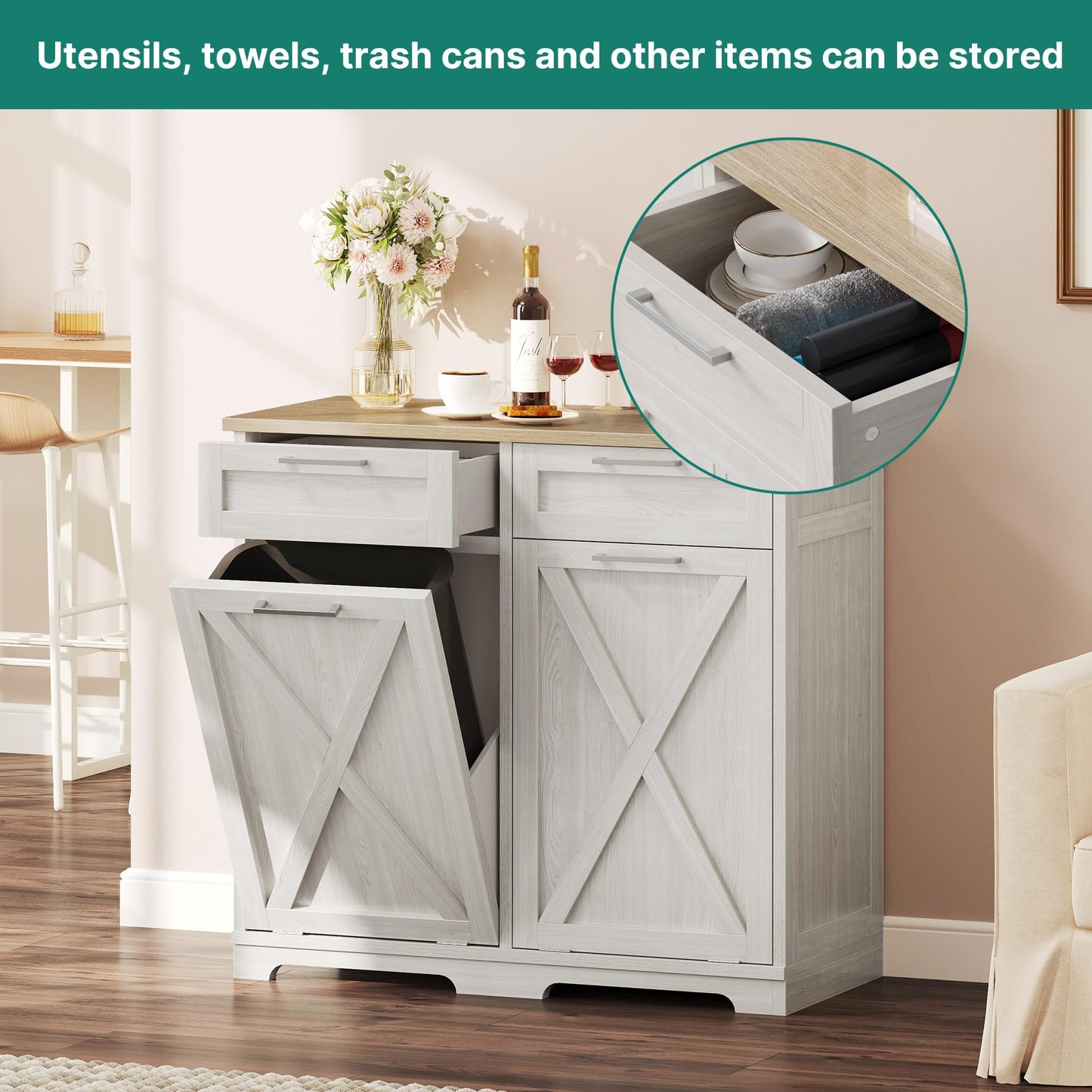 YITAHOME Double Tilt Out Trash Cabinet 20 Gallon, Wooden Free Standing Laundry Cabinet with Barn Doors, Kitchen Trash Recycling Cabinet with 2 Drawer, Tilt-Out Hamper for Kitchen, Off White